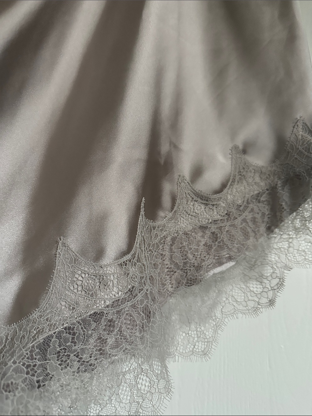 Zara Asymmetrical Slip Dress in Taupe Gray with Lace Trim - Picture 2 of 4